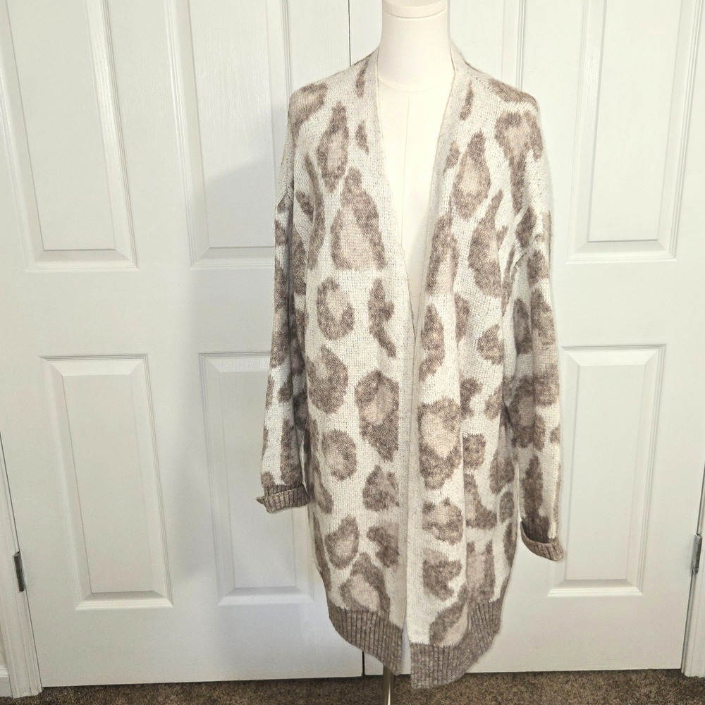 Entro Cardigan Women 1X Tan Leopard Print Open Front Longline Fuzzy J16253P